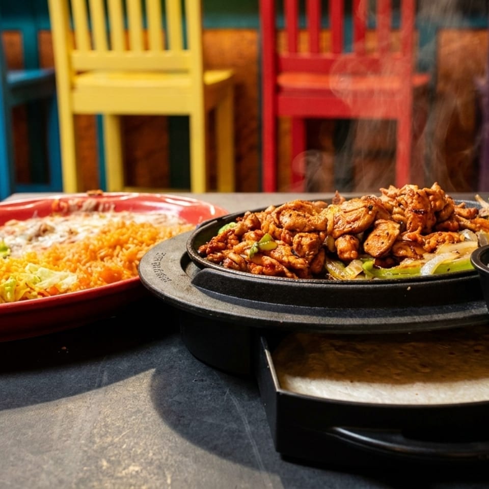 Sizzling chicken fajitas with rice, beans, guacamole, sour cream, and tortillas on a table.