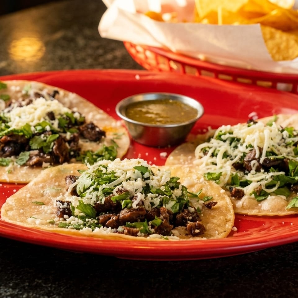Three carne asada street tacos with cheese and cilantro, salsa, and a basket of chips.