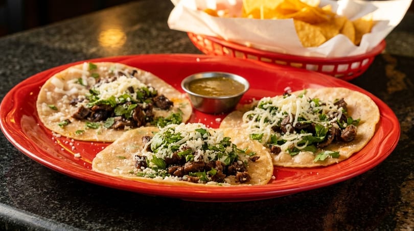 Three carne asada street tacos with cheese and cilantro, salsa, and a basket of chips.