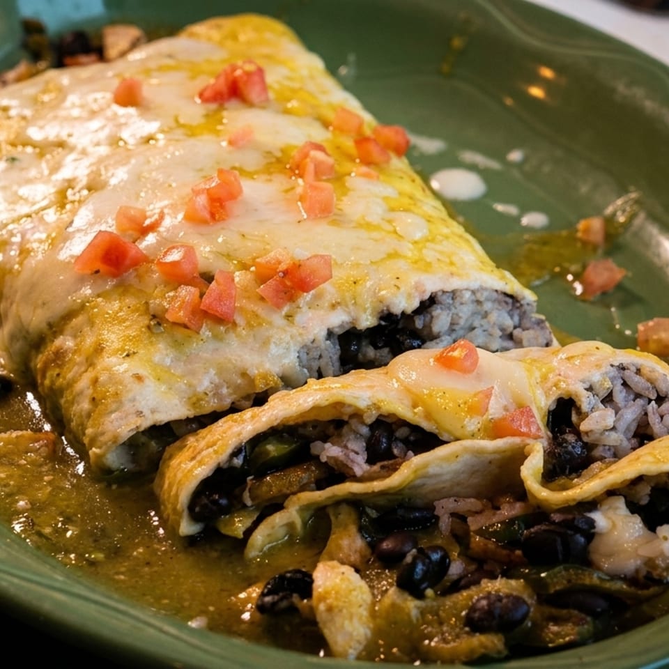 Two cheesy enchiladas with rice, black beans, and green sauce, topped with diced tomatoes.