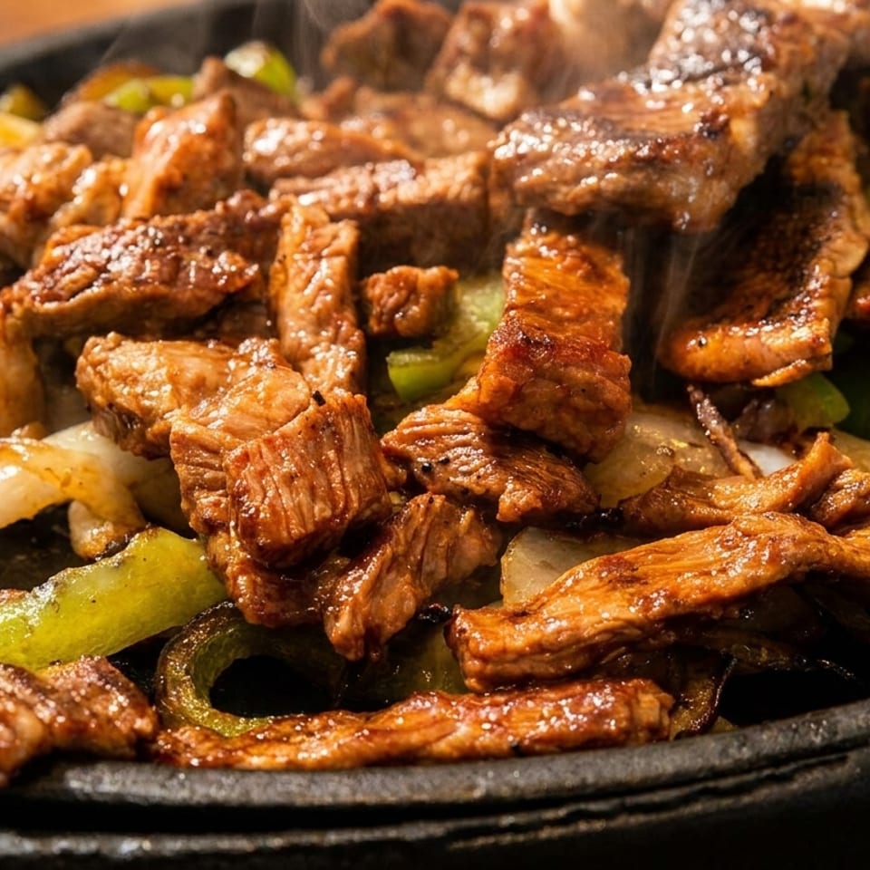 Sizzling steak fajitas with green peppers and onions on a hot cast iron plate.