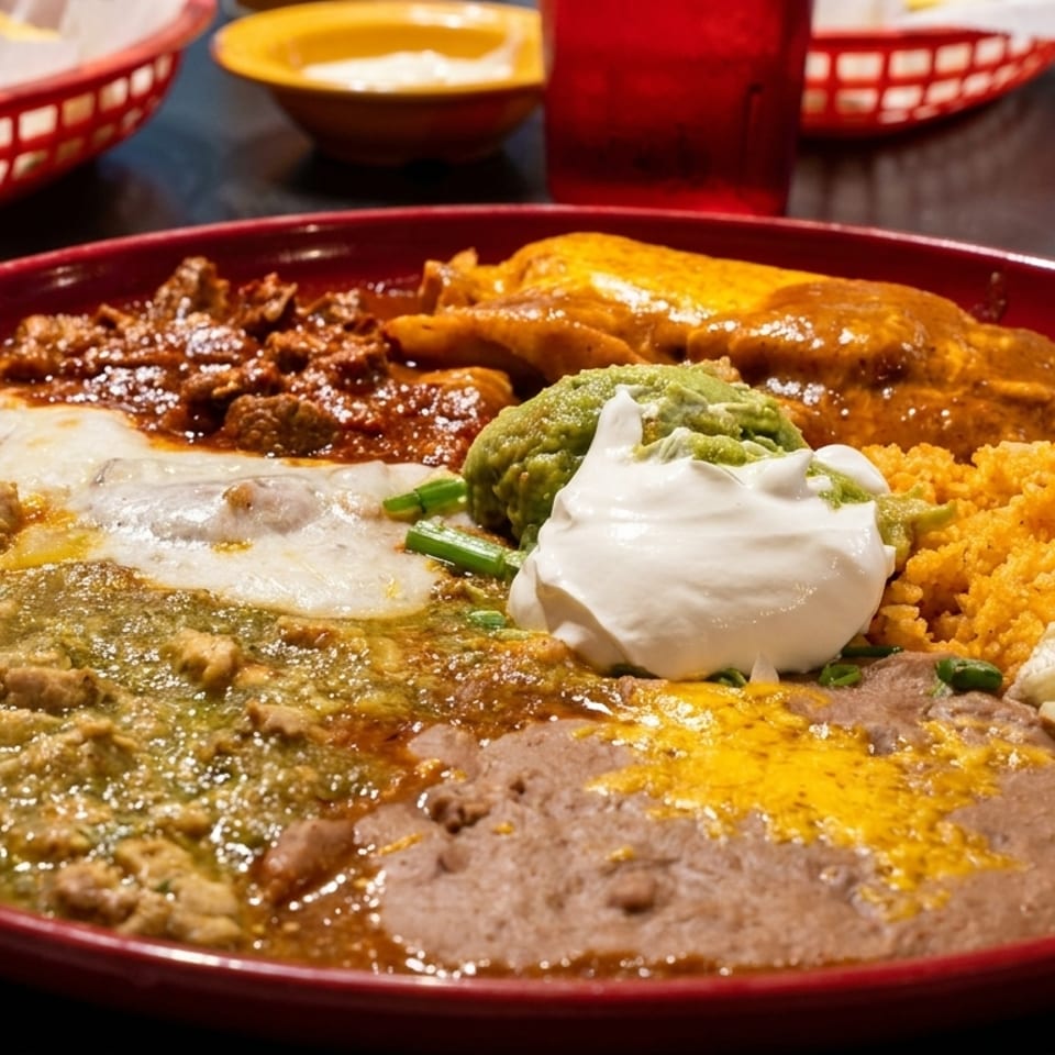 A large red plate filled with a variety of Mexican dishes, including rice, beans, and meats.