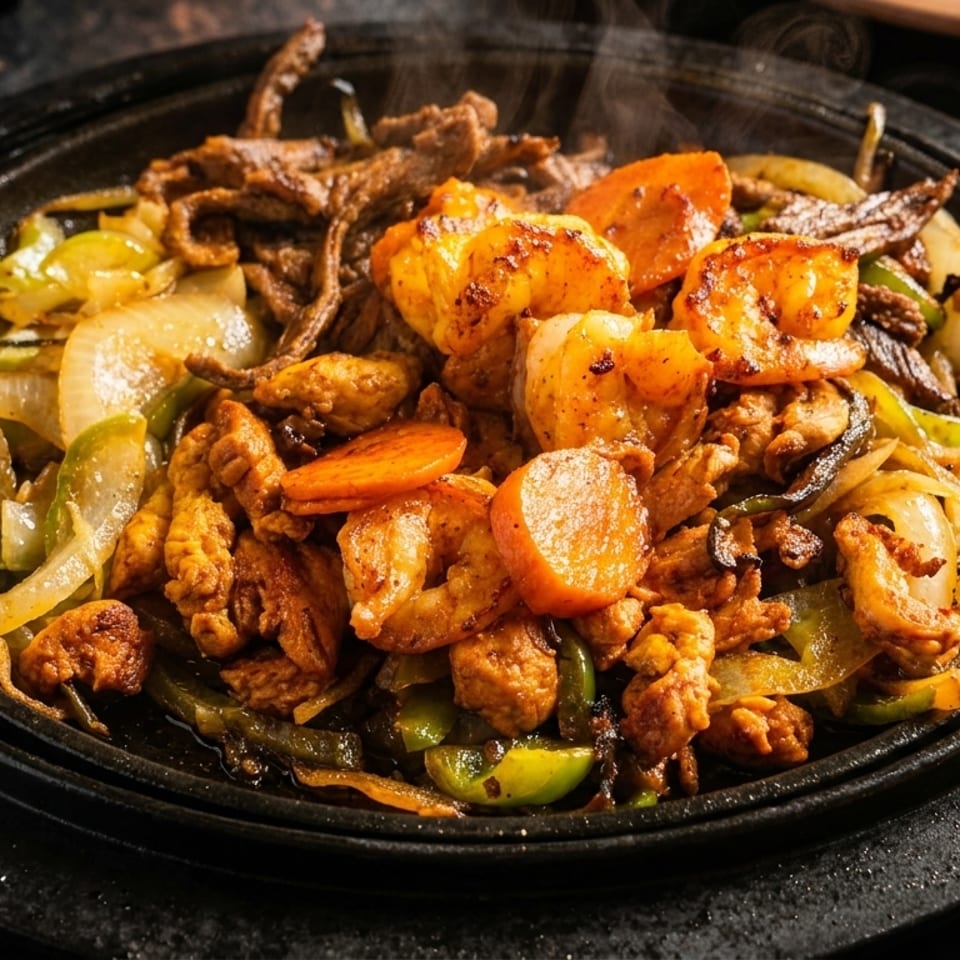 Sizzling fajitas with steak, chicken, shrimp, onions, and peppers in a cast iron skillet.
