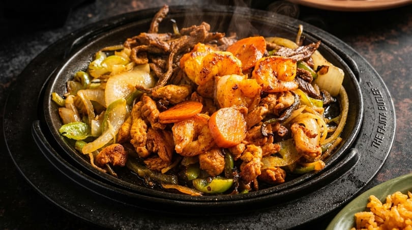 Sizzling fajitas with steak, chicken, shrimp, onions, and peppers in a cast iron skillet.